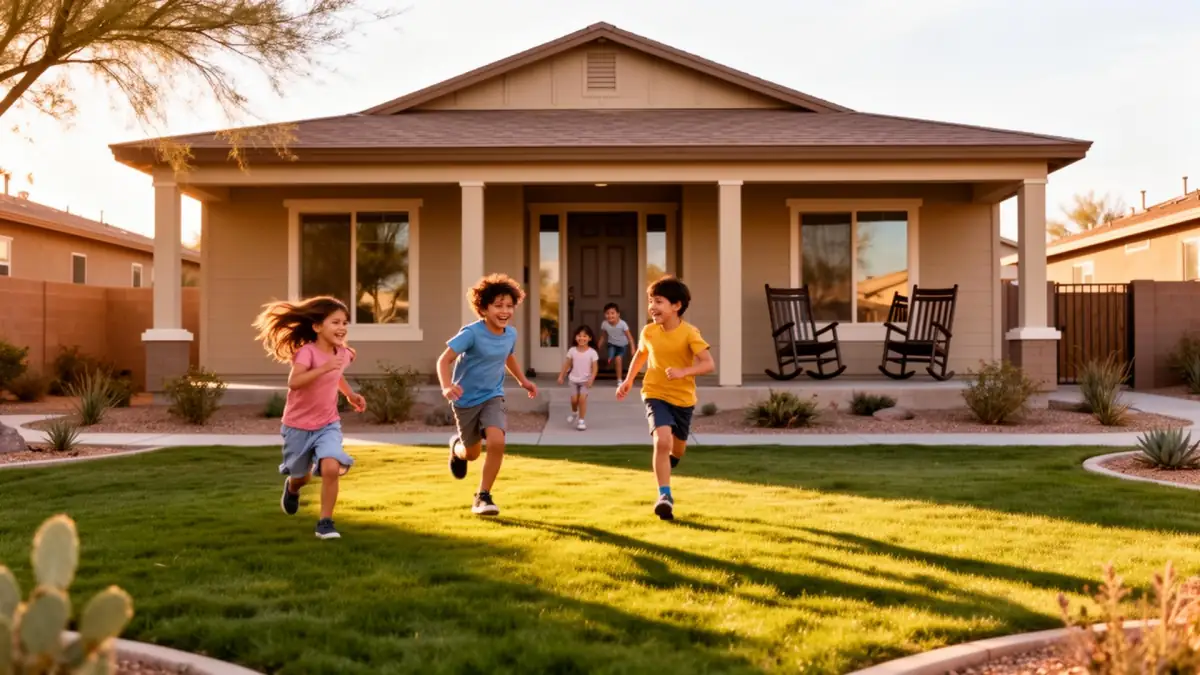 Children playing in the front yard of a charming Arizona starter home