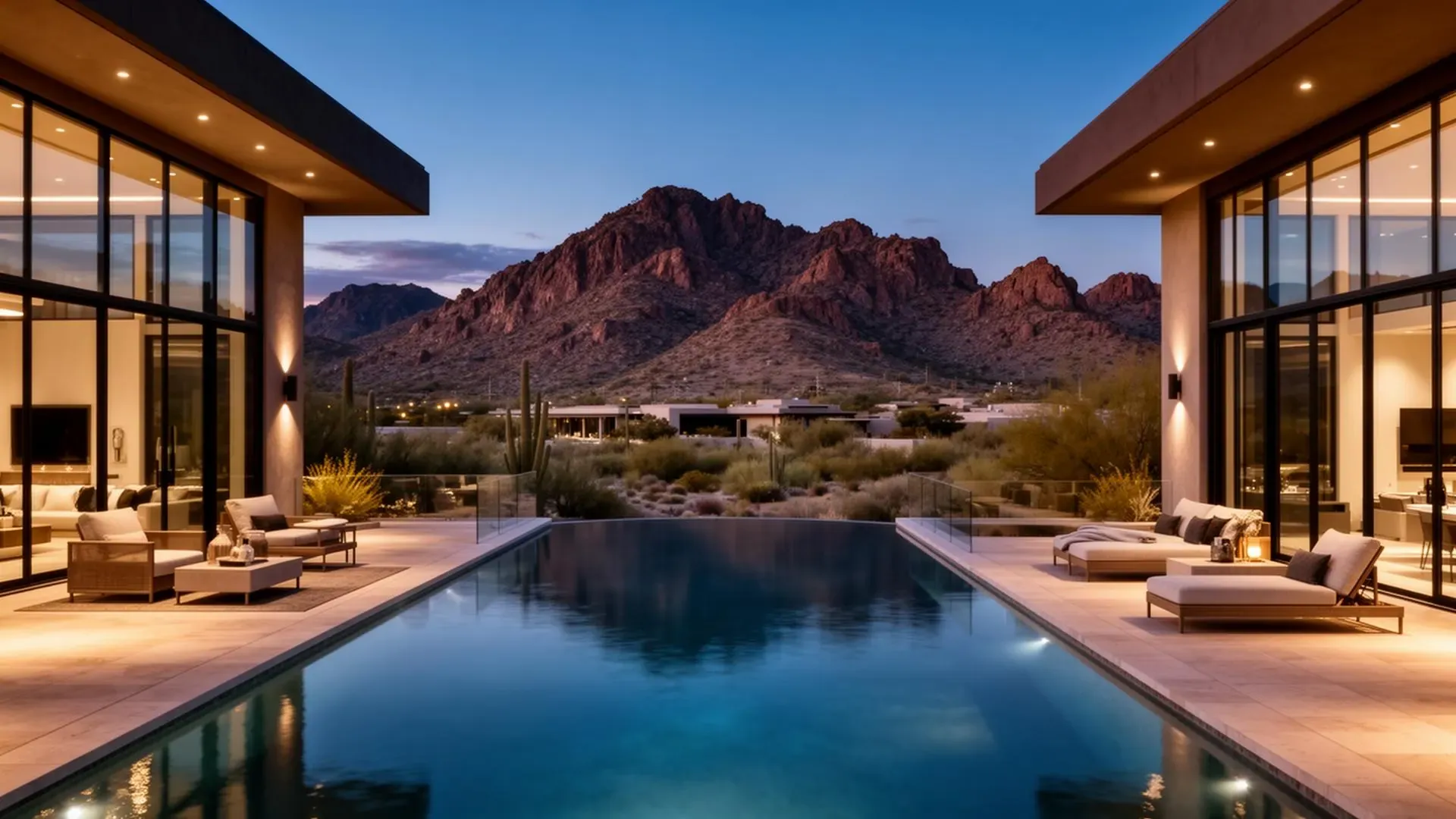 Ultra-luxury Scottsdale estate with pool and mountain views at dusk