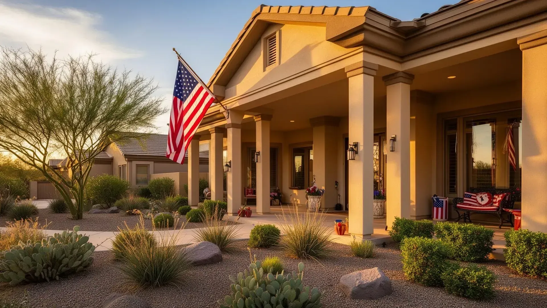 Dignified Arizona home with American flag on porch pillar